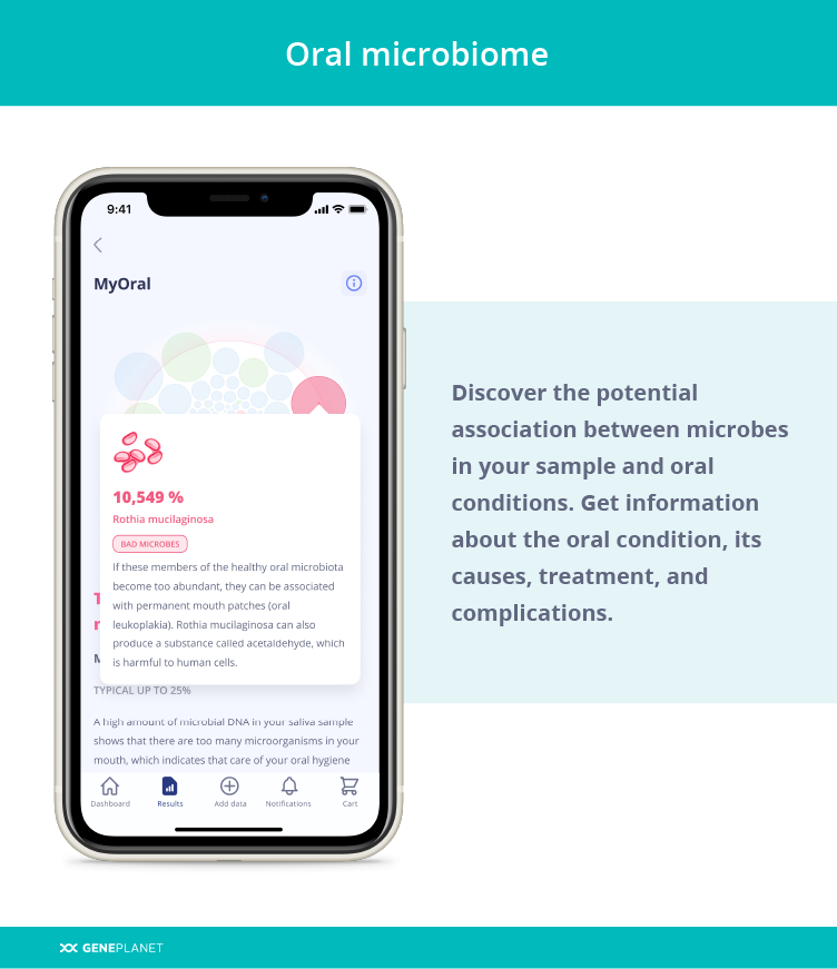 MyOral DNA test results shown on the GenePlanet's mobile app