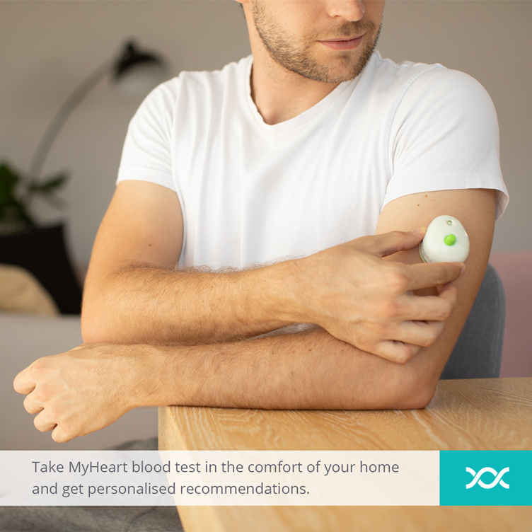 A young man performing the MyHeart blood test at home